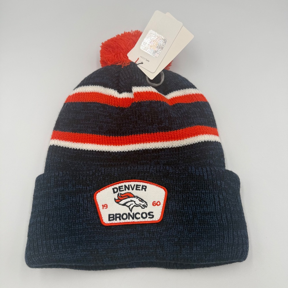 Denver Broncos NFL Team Headwear Beanie Mens Size OS Knit Pom Hat Navy Orange